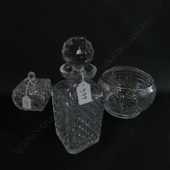 CUT GLASS ROSE BOWL, DECANTER & CRYSTAL JAM DISH