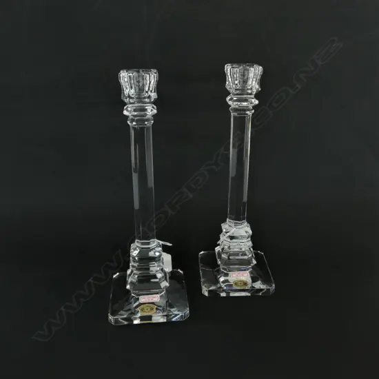 PAIR VAL ST. LAMBERT BELGIUM CRYSTAL CANDLE HOLDERS, H.240MM