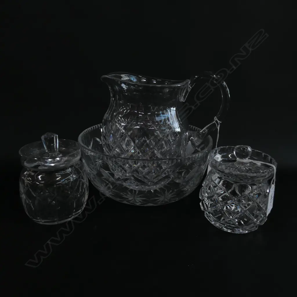 CUT GLASS BOWL, DIA. 200MM JUG & 2 LIDDED JAM POTS Image 1++