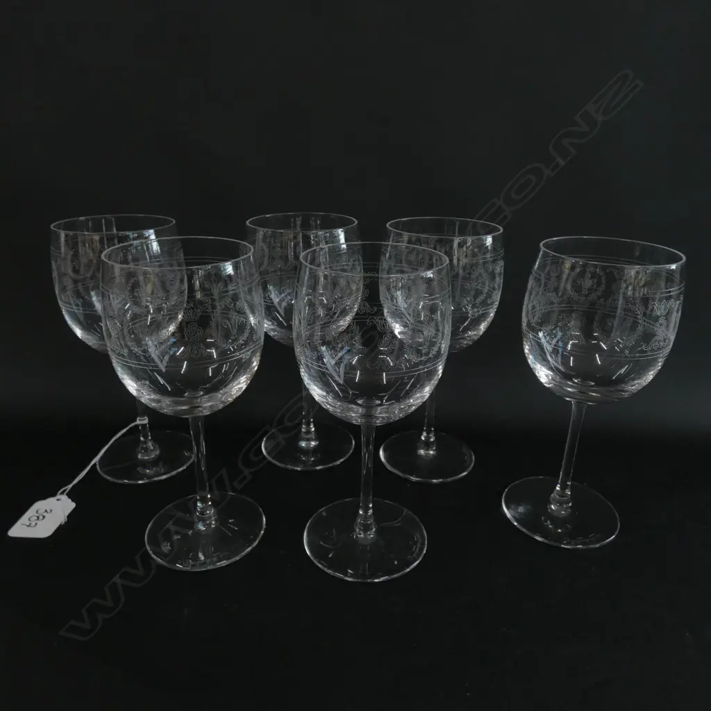 SET OF SIX VAL ST. LAMBERT BELGIUM CRYSTAL FLEUR DE LIS ETCHED WINE GLASSES, H. 153MM, BOXED Image 1++