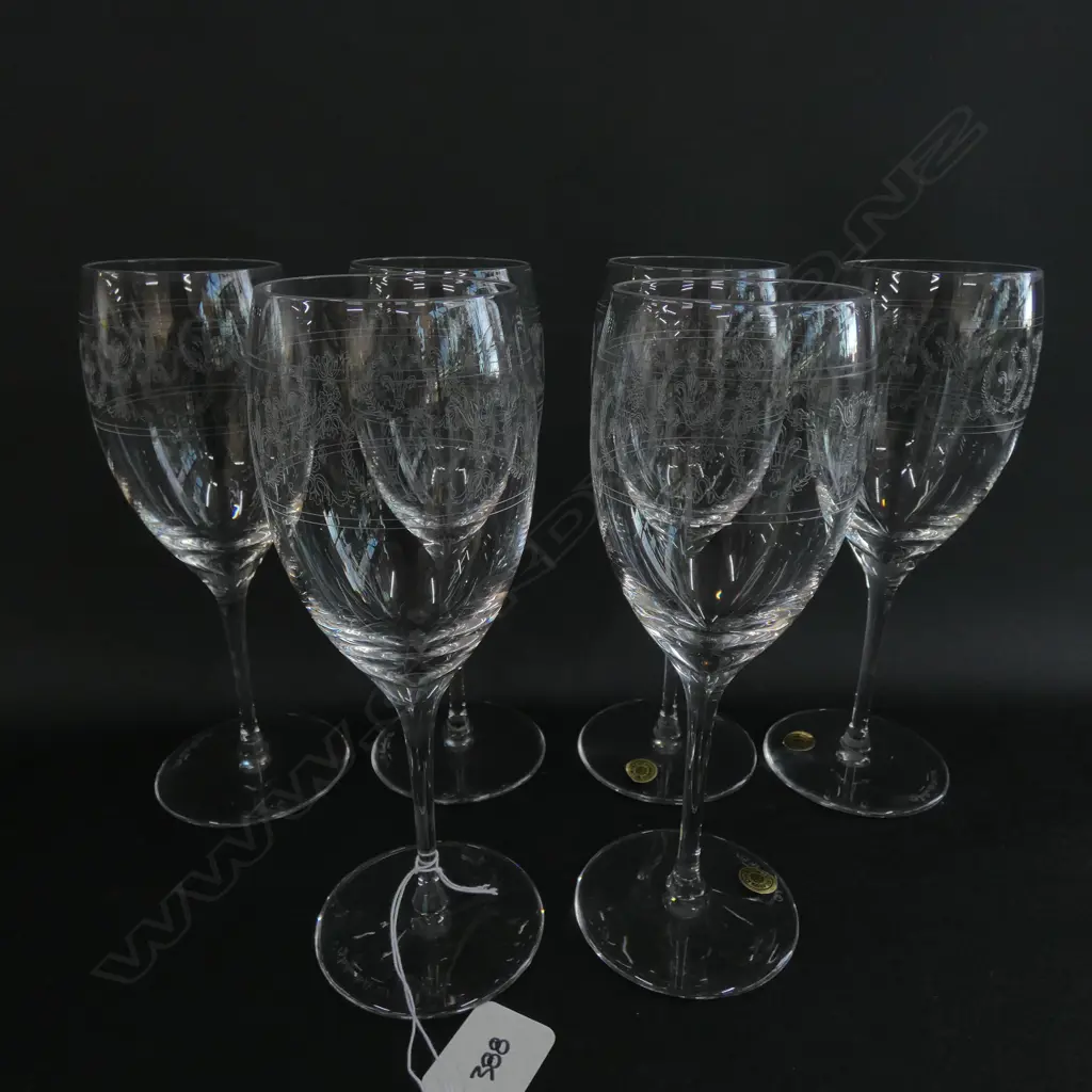 SET OF SIX VAL ST. LAMBERT BELGIUM CRYSTAL FLEUR DE LIS ETCHED CHAMPAGNE FLUTES, H. 185MM, BOXED Image 1++