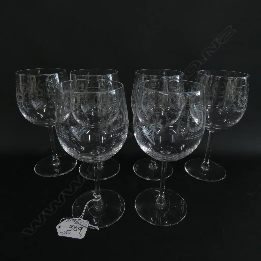 SET OF SIX VAL ST. LAMBERT BELGIUM CRYSTAL FLEUR DE LIS ETCHED WINE GLASSES, H. 160MM, BOXED Image 1++