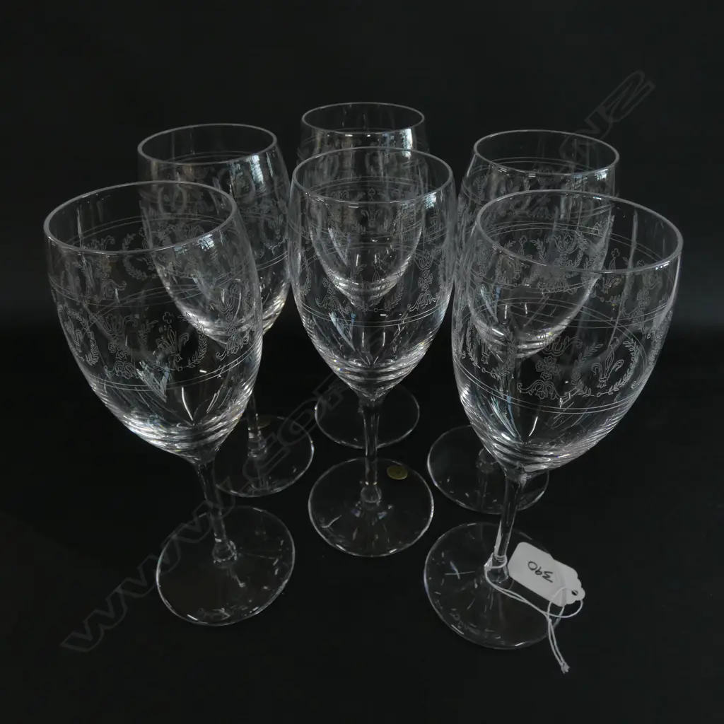 SIX VAL ST. LAMBERT BELGIUM CRYSTAL FLEUR DE LIS ETCHED CHAMPAGNE FLUTES, H. 185MM, BOXED Image 1++