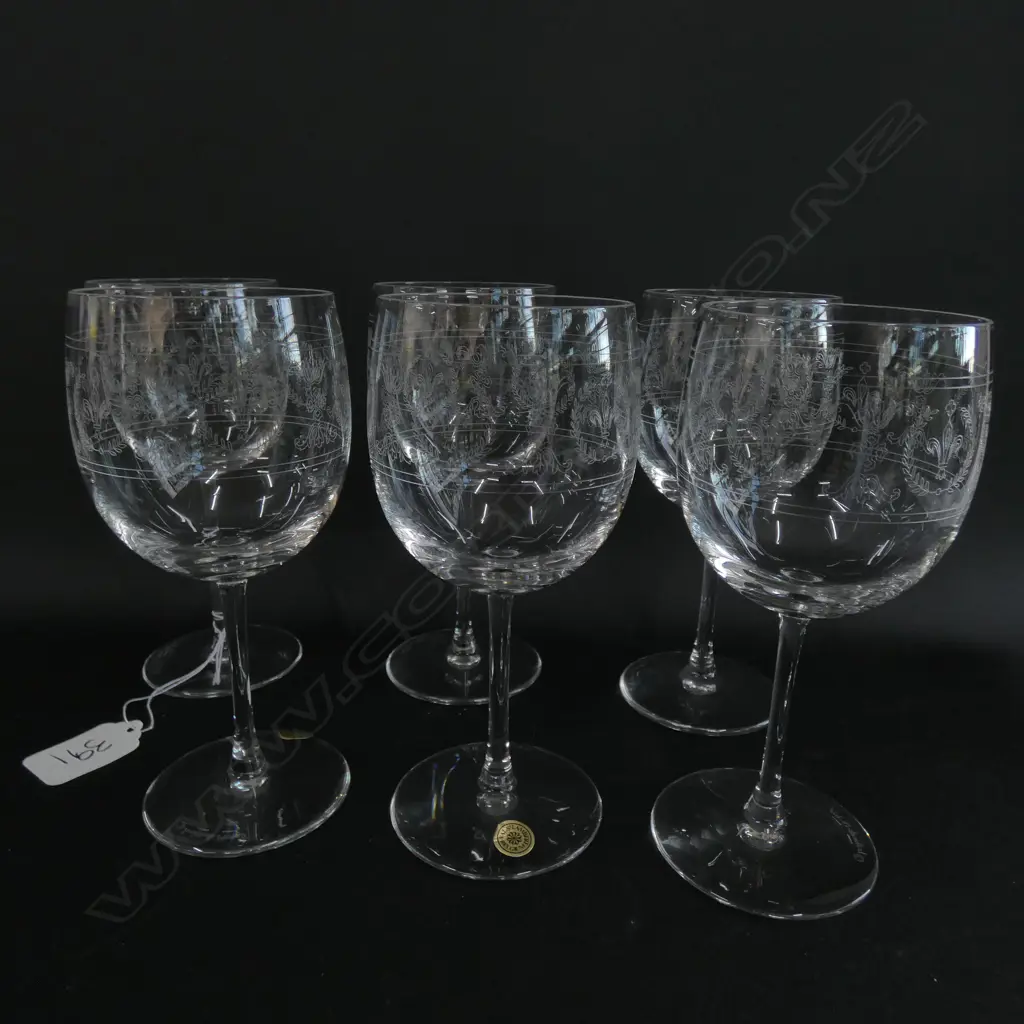 SET OF SIX VAL ST. LAMBERT BELGIUM CRYSTAL FLEUR DE LIS ETCHED WINE GLASSES, H 155MM, BOXED Image 1++