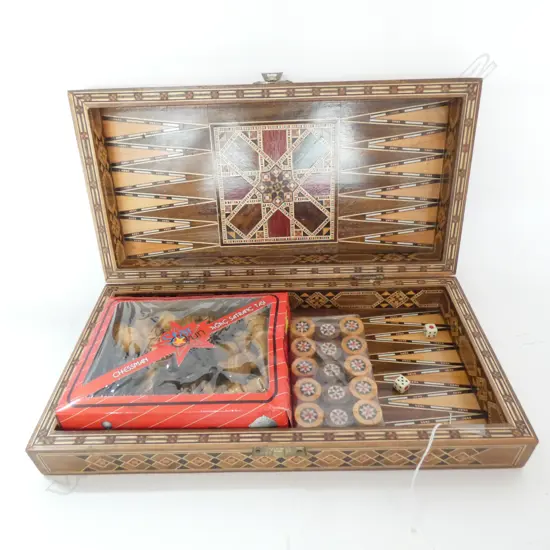 SYRIAN INLAID GAMES BOX WITH CONTENTS L.305MM