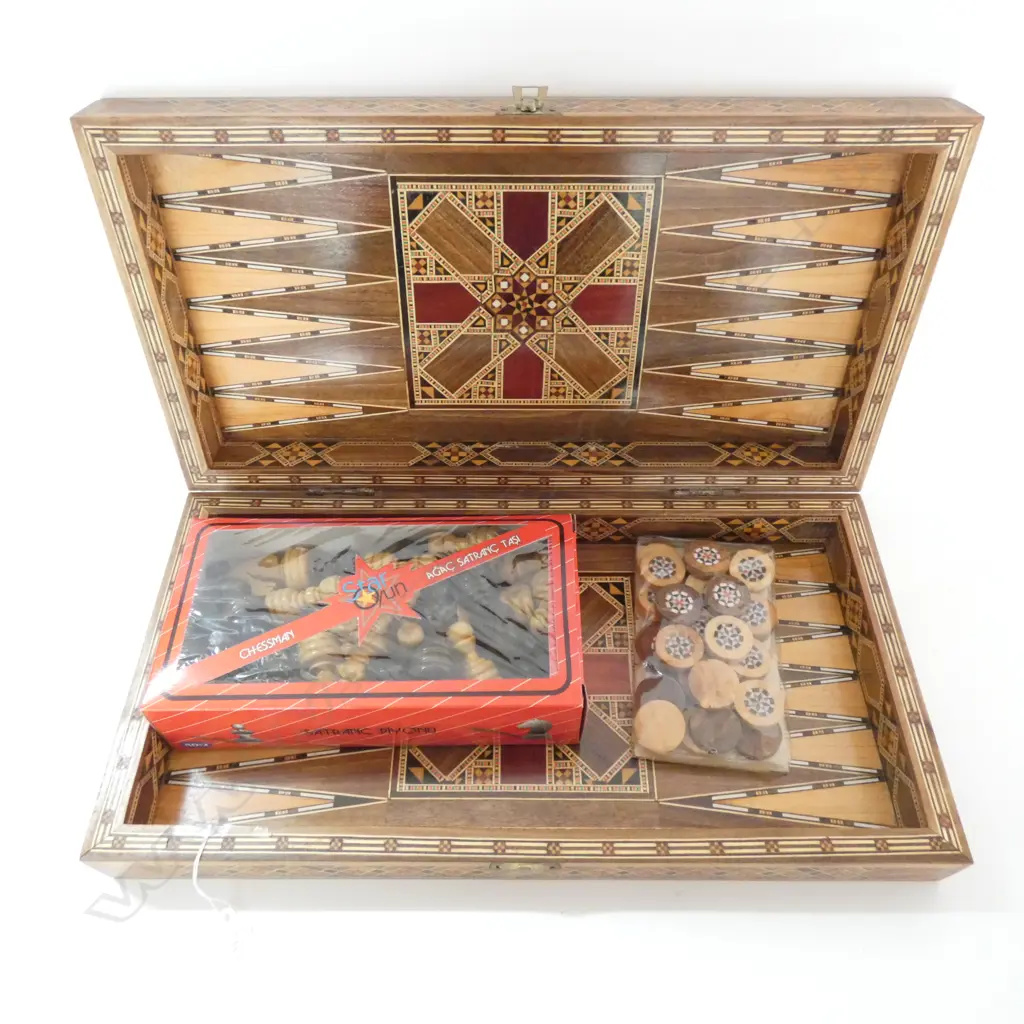 SYRIAN INLAID GAMES BOX WITH CONTENTS L. 400MM Image 1++