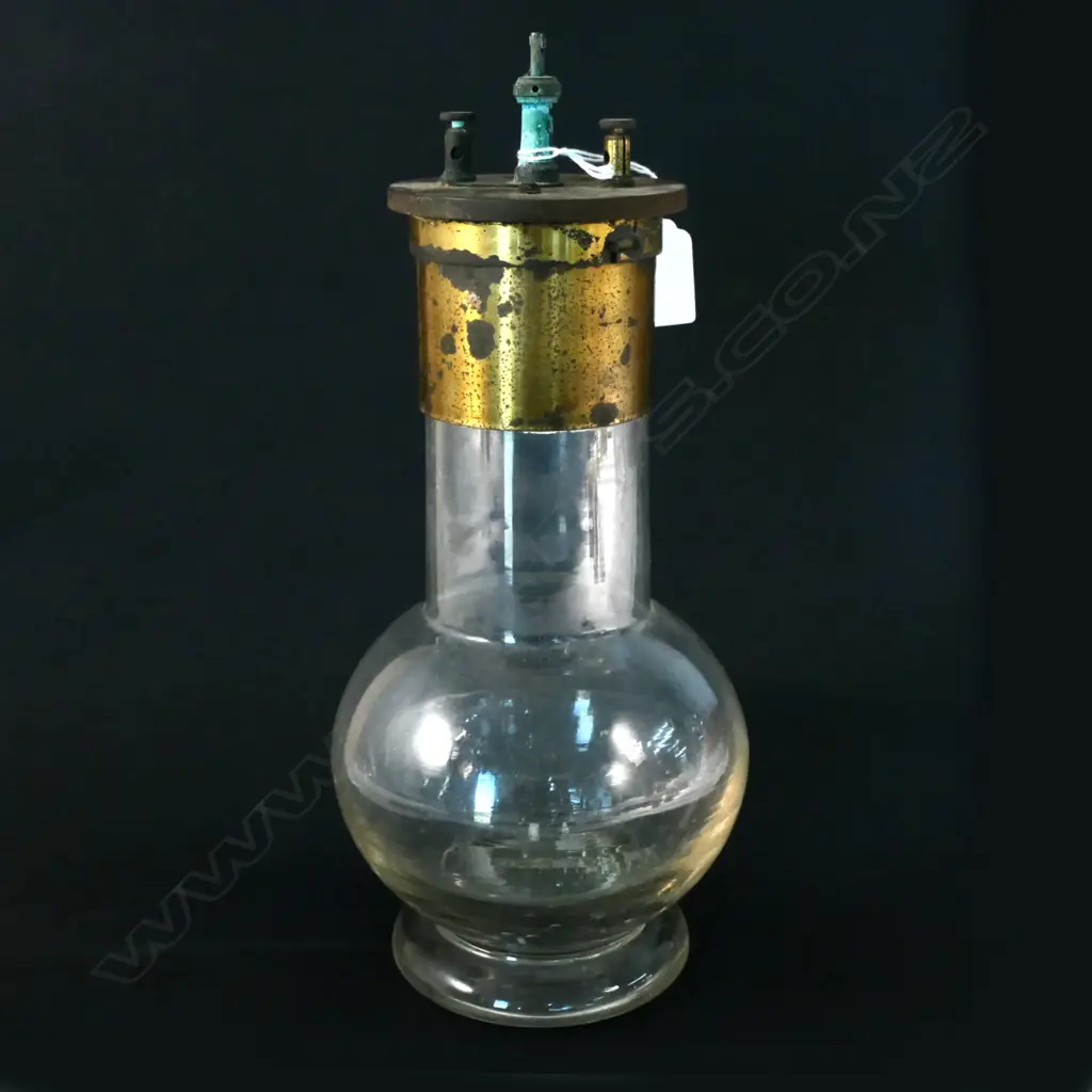 OLD GLASS BODIED WET CELL BATTERY WITH BRASS FITTINGS H. 310MM.  Image 1++