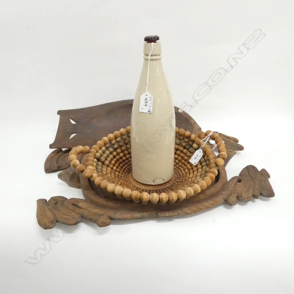 WOODEN BEAD BASKET, 2 WOOD TRAYS; FISH & TURTLE (L 500MM) & STONEWARE BOTTLE, L. 270MM Image 1++