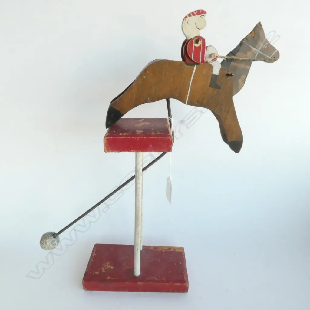 OLD WOODEN HORSE & JOCKEY BALANCE TOY, H. 390MM Image 1++