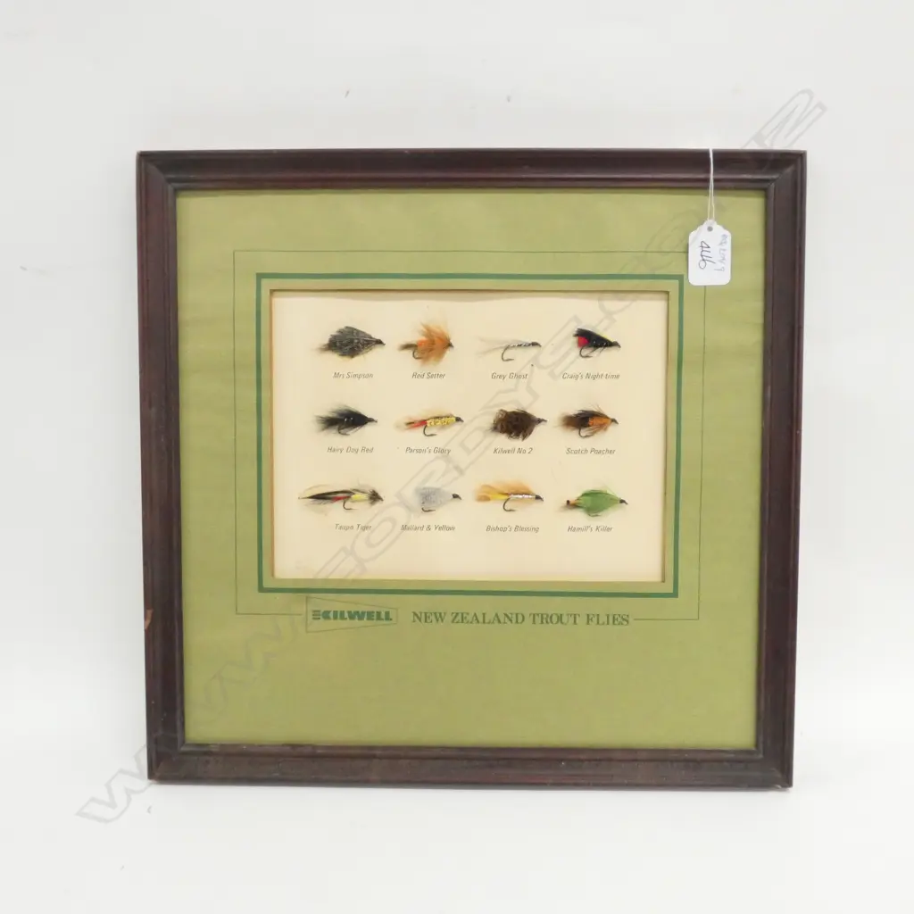FRAMED 'KILWELL NEW ZEALAND TROUT FLIES' SHOP DISPLAY, 370 X 380MM Image 1++
