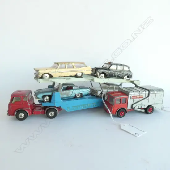 5 CORGI TOYS; CARRIMORE TRANSPORTER & 4 CARS + LESNEY REFUSE TRUCK