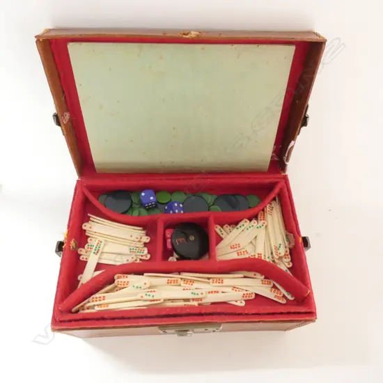 BONE & BAMBOO MAHJONG SET IN LEATHER TRAVEL LIKE CASE...