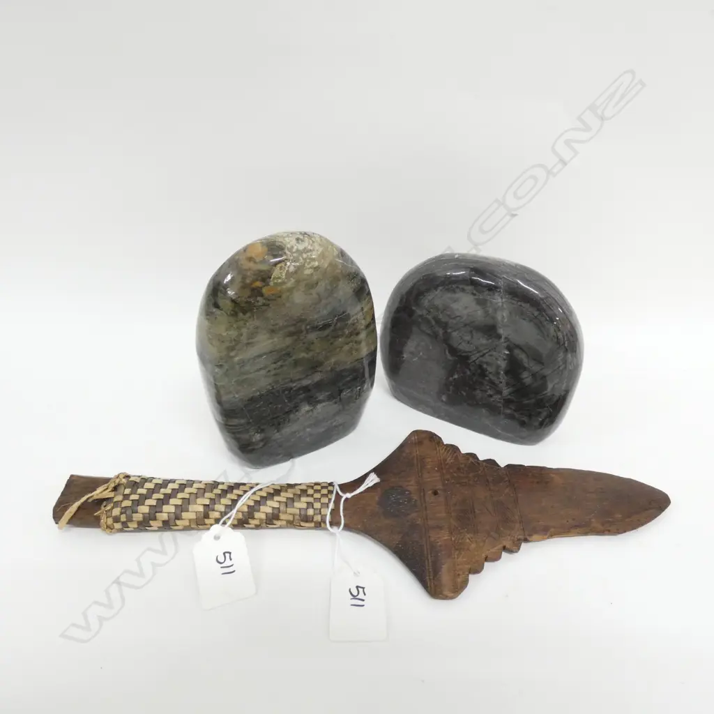PAIR POLISHED STONES & WOODEN CARVED TRIBAL PIECE Image 1++