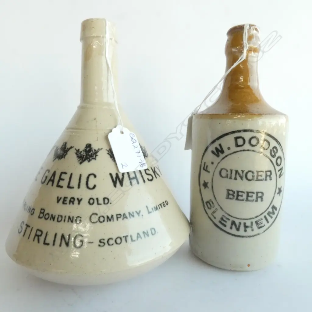 TWO STONEWARE BOTTLES; BLENHEIM GINGER BEER (H. 190MM) & GAELIC WHISKY (H. 210MM) Image 1++