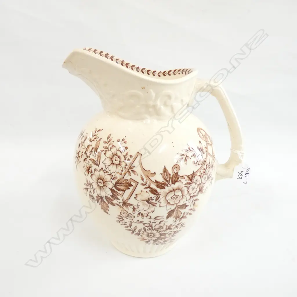 LARGE VINTAGE CREAM & BROWN TRANSFER EWER, CRAZED. H. 300MM Image 1++