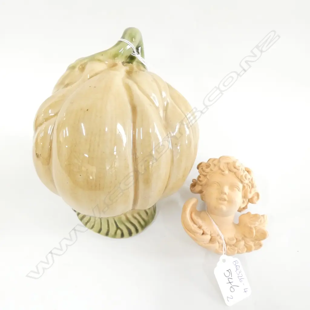 CERAMIC GOURD  (H. 180MM) & WOODEN CARVED ANGEL HEAD H. 90MM Image 1++