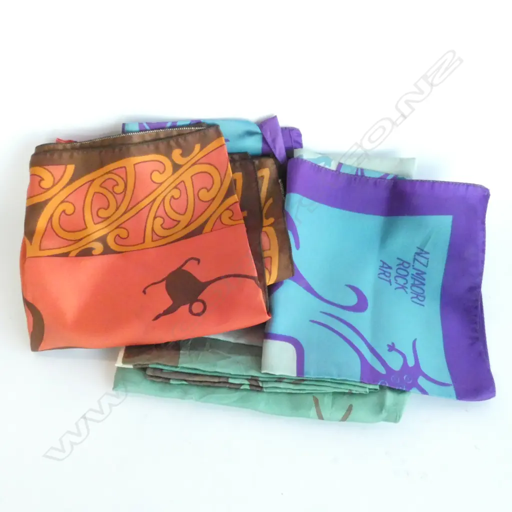 THREE SILK NZ MAORI ROCK ART SCARVES  Image 1++