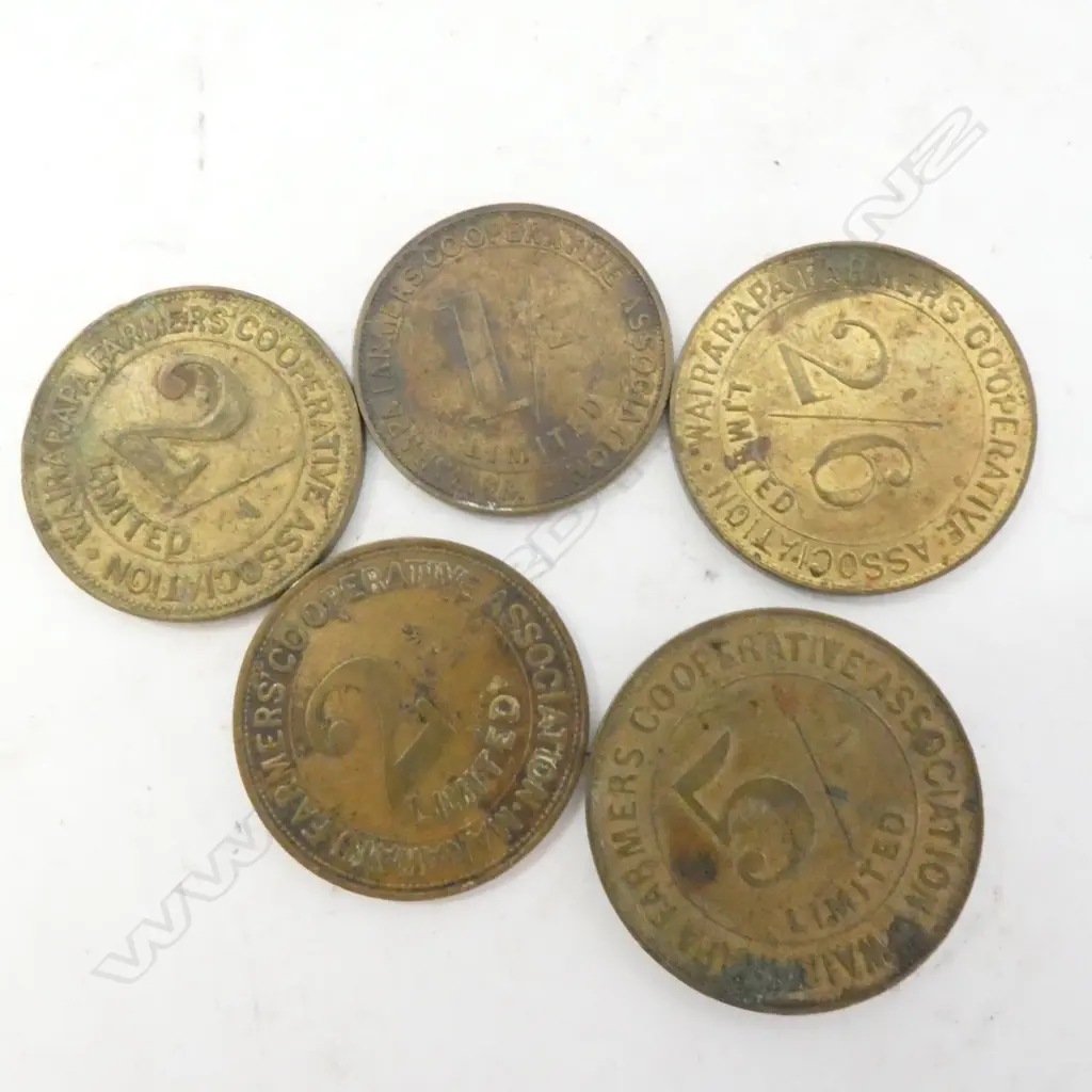 5 WAIRARAPA FARMERS CO-OPERATIVE COIN TOKENS  Image 1++