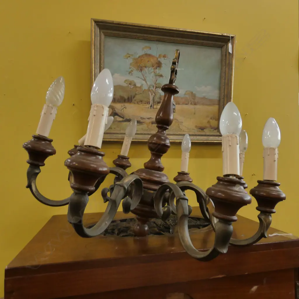 EIGHT ARM DUTCH STYLE BRASS ELECTRIC CANDLE LIGHT FITTING, W. 600MM Image 1++