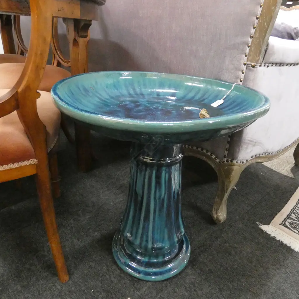 BIRD BATH IN RICH TURQUOISE BLUE GLAZE. H.580mm Image 1++