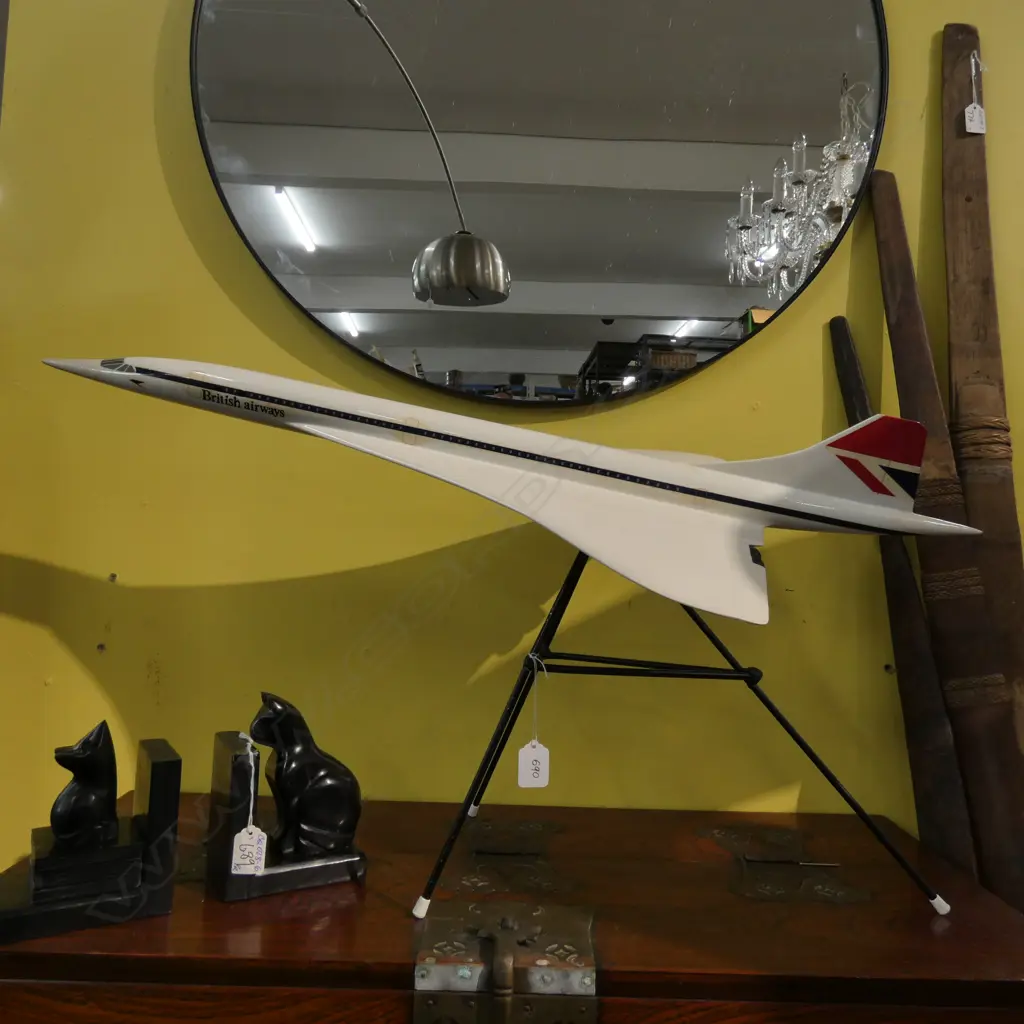 BRITISH AIRWAYS CONCORDE MODEL ON METAL TRIPOD STAND, W. 850MM, H. 490MM Image 1++