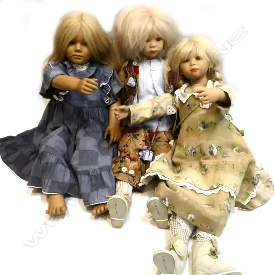 3 LG ANNETTE HIMSTEDT DOLLS, BLONDE HUMAN HAIR, CLOSED MOUTH, SIGNED SHOES