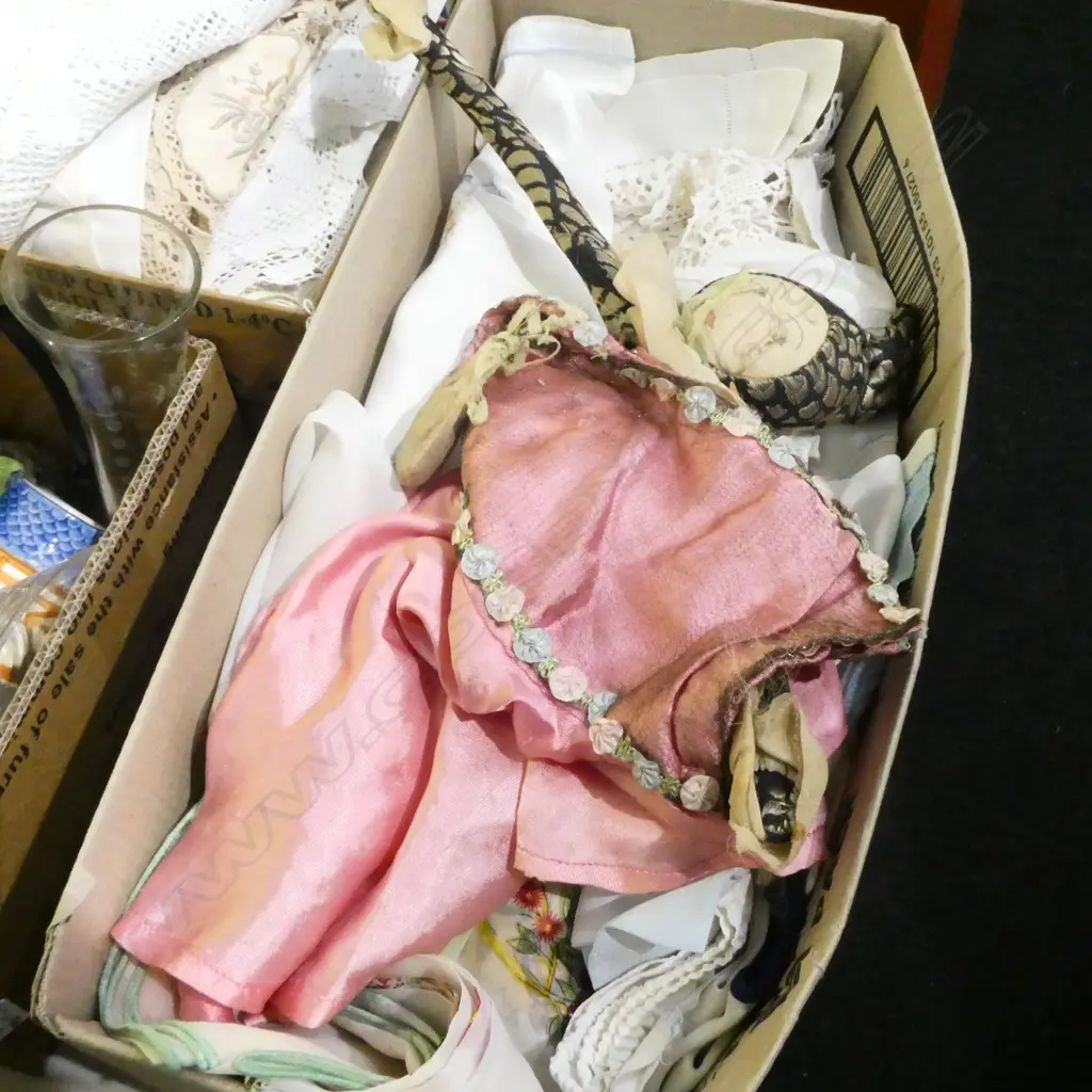 BOX LOT ASST LINEN; TABLECLOTHS, LACE, CHILDRENS CLOTHES ETC Image 1++