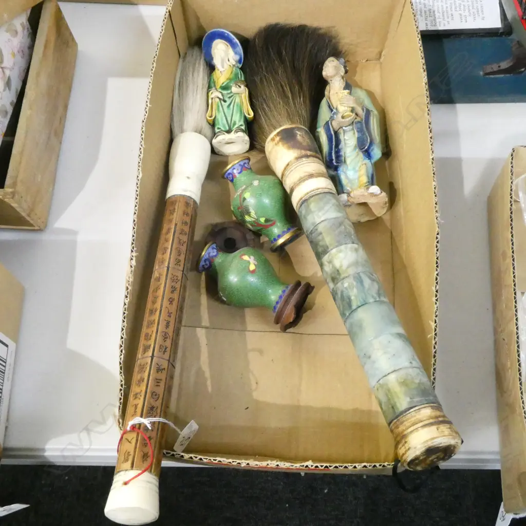 2 LGE CHINESE CALLIGRAPHER'S BRUSHES, CLOISONNE VASES, CERAMIC FIGURES Image 1++