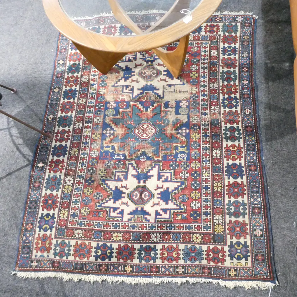 ANTIQUE CAUCASIAN HAND KNOTTED RUG (WORN)  Image 1++