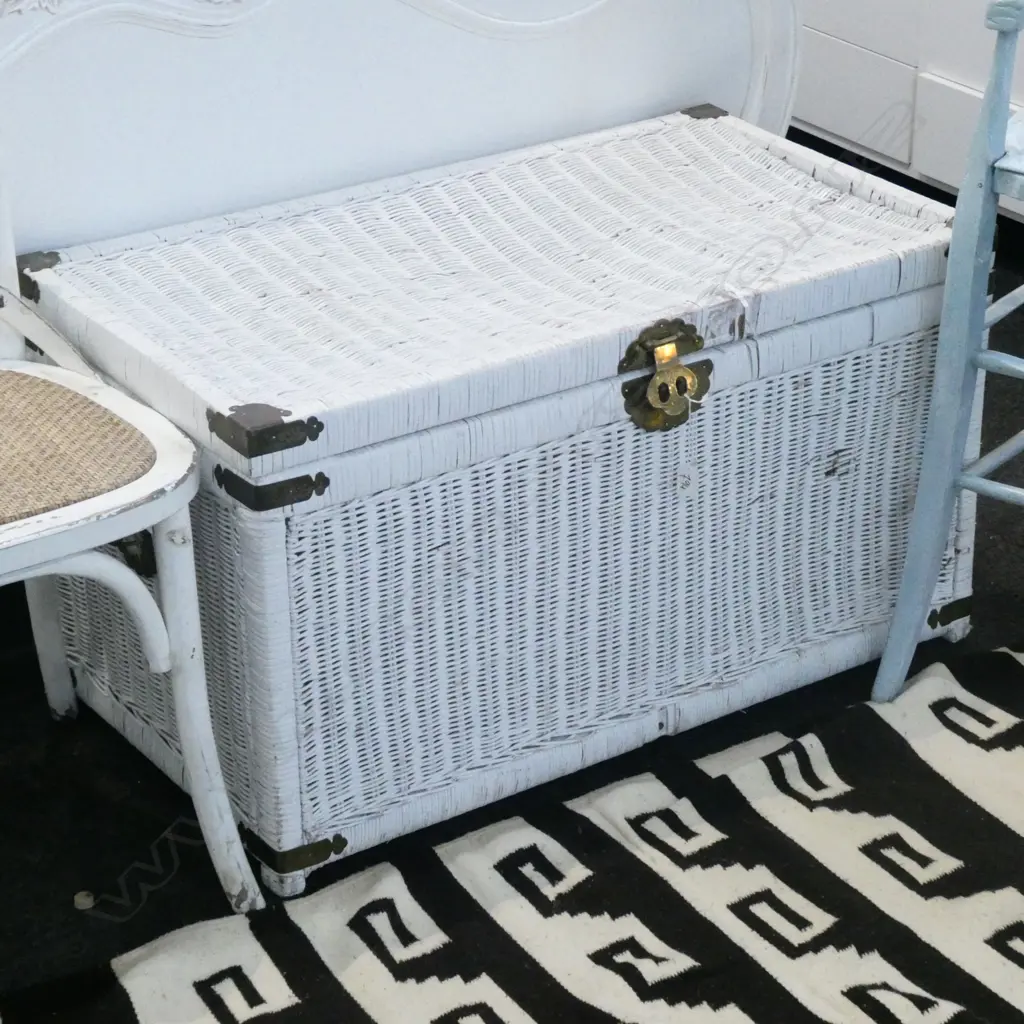WHITE PAINTED CANE BLANKET BOX L. 910MM Image 1++