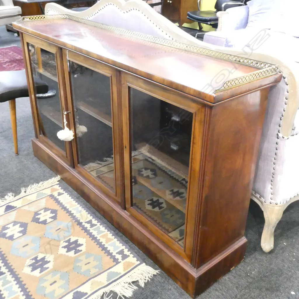 VICTORIAN MAHOGANY 3 GLASS DOOR DISPLAY CABINET, BRASS GALLERY, WITH KEY 1530 D. 350 H. 900MM Image 1++