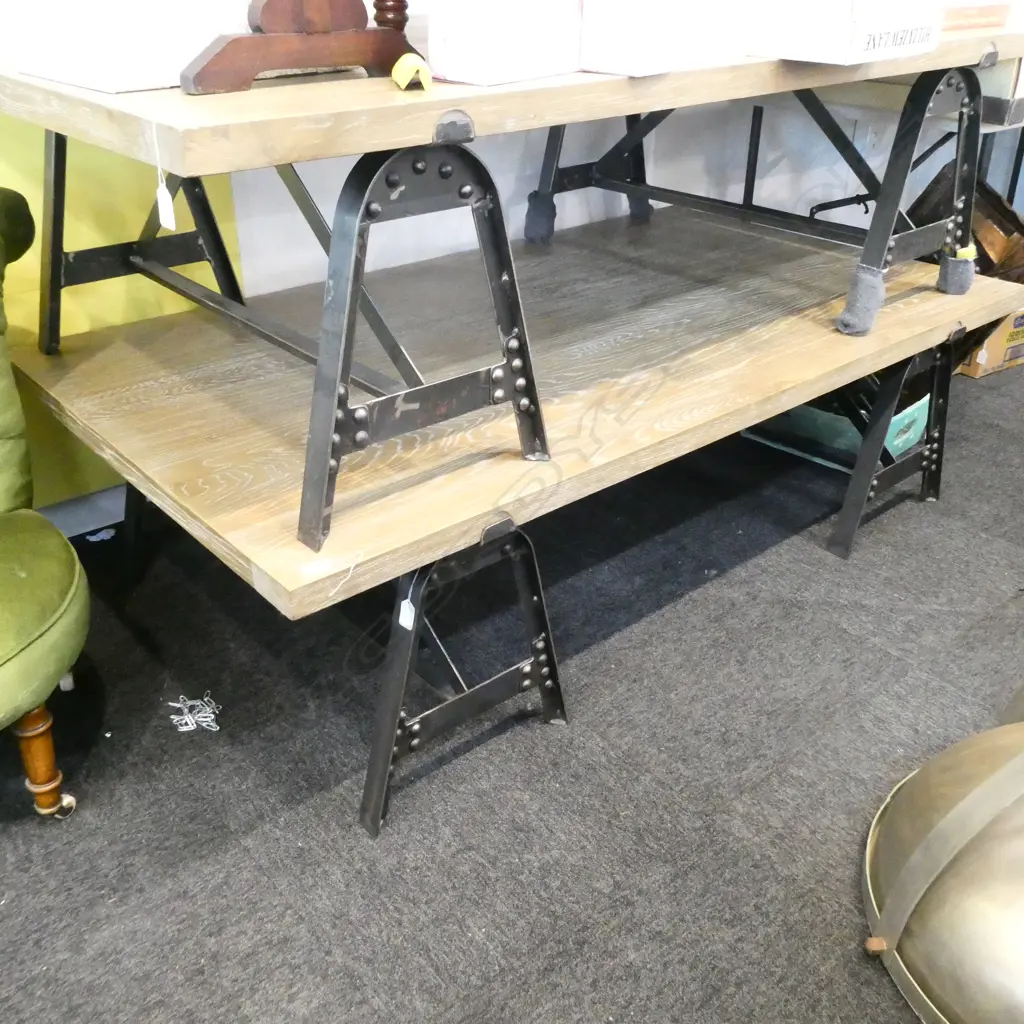 CONTEMPORY BLONDE OAK LGE COFFEE TABLE IRON BASE Image 1++