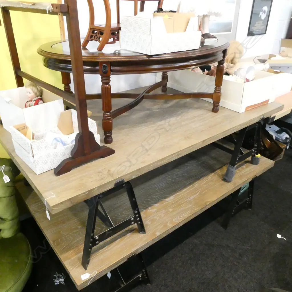 CONTEMPORY BLONDE OAK LGE COFFEE TABLE IRON BASE Image 1++