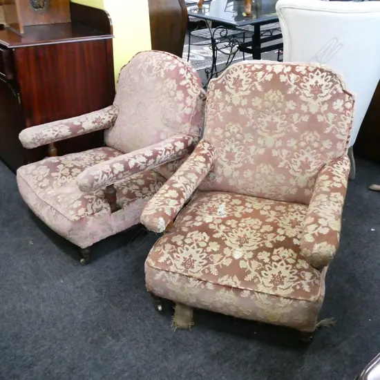 PR WALNUT FRAMED, OPEN ARMED CLUB CHAIRS (require reupholstery)