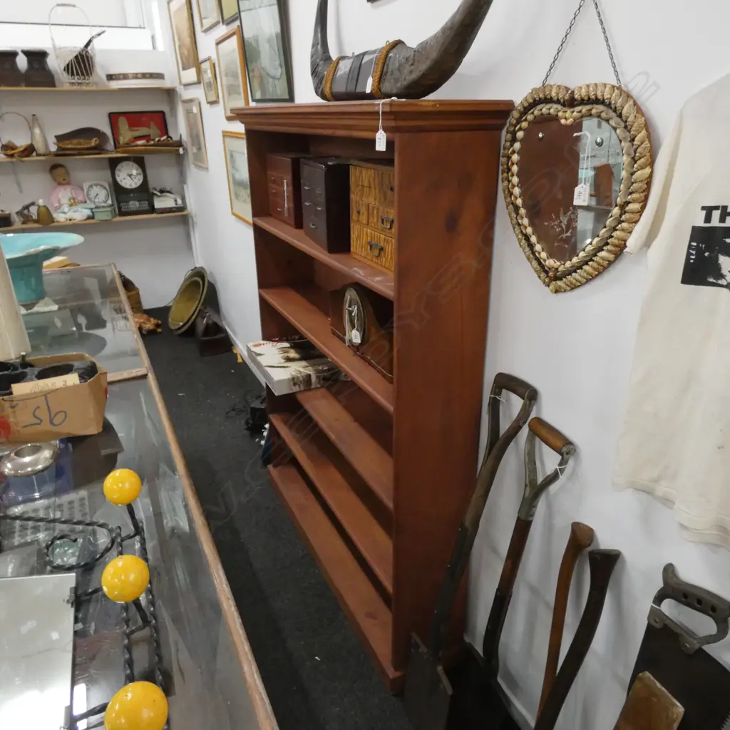 STAINED PINE BOOKCASE H. 1590MM W. 1270MM Image 1++