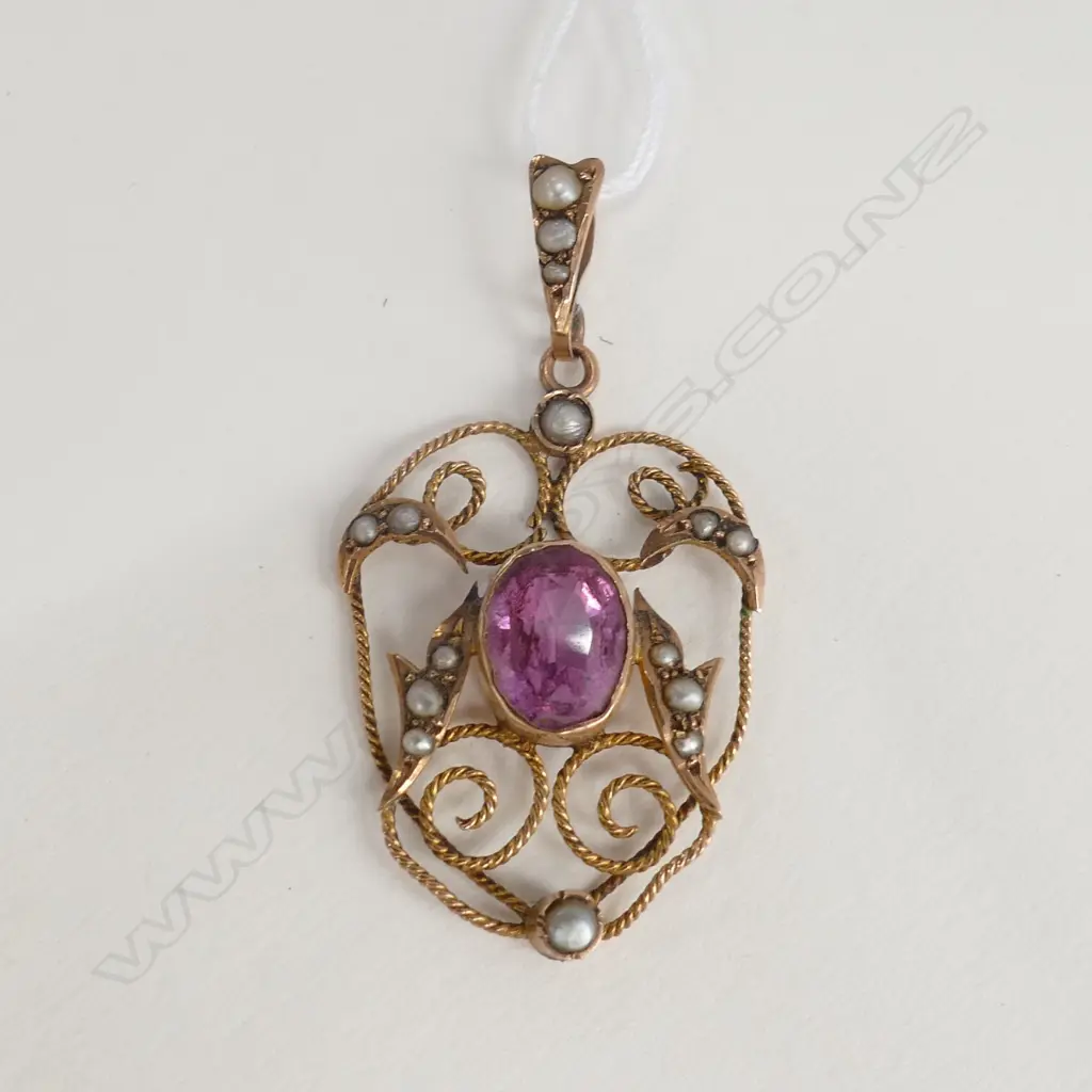 9ct GOLD EDWARDIAN PENDANT SET w ALMANDINE GARNET & PEARLS 1.6gm  Image 1++