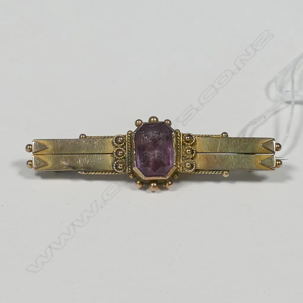 EDWARDIAN 9CT GOLD & AMETHYST BROOCH 3.55GM Image 1++