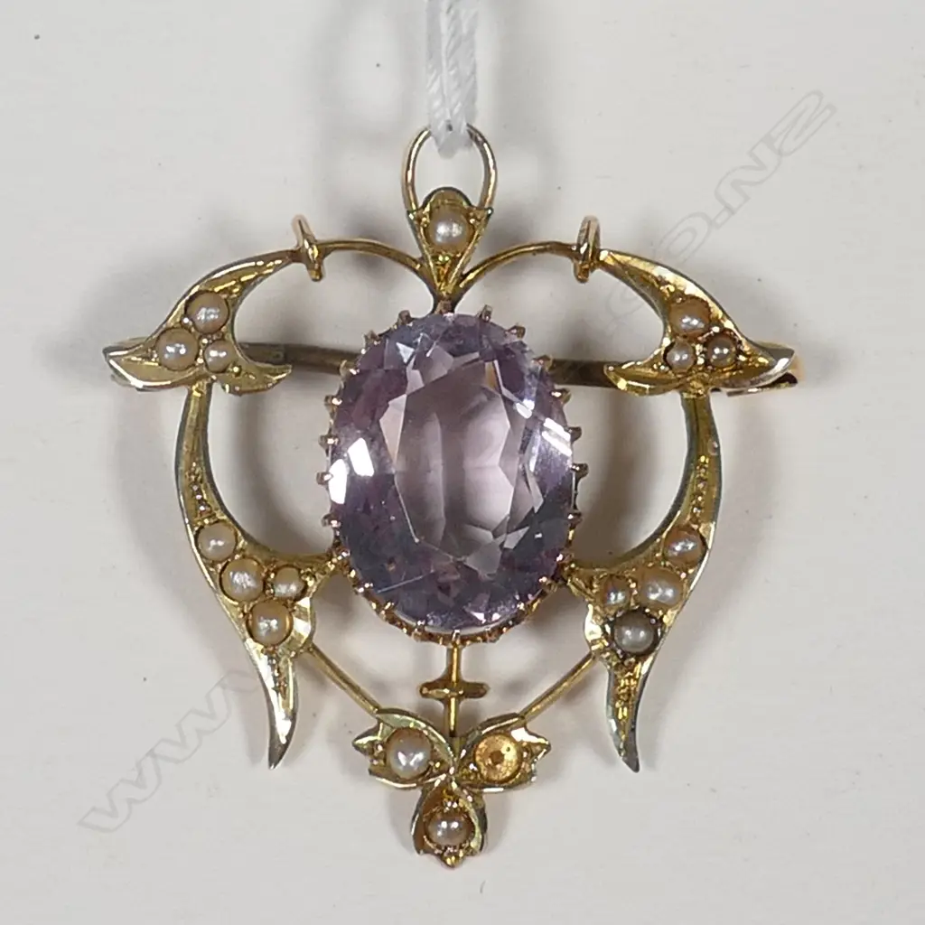 EDWARDIAN ART NOUVEAU 9CT GOLD AMETHYST PEARL PENDANT Image 1++