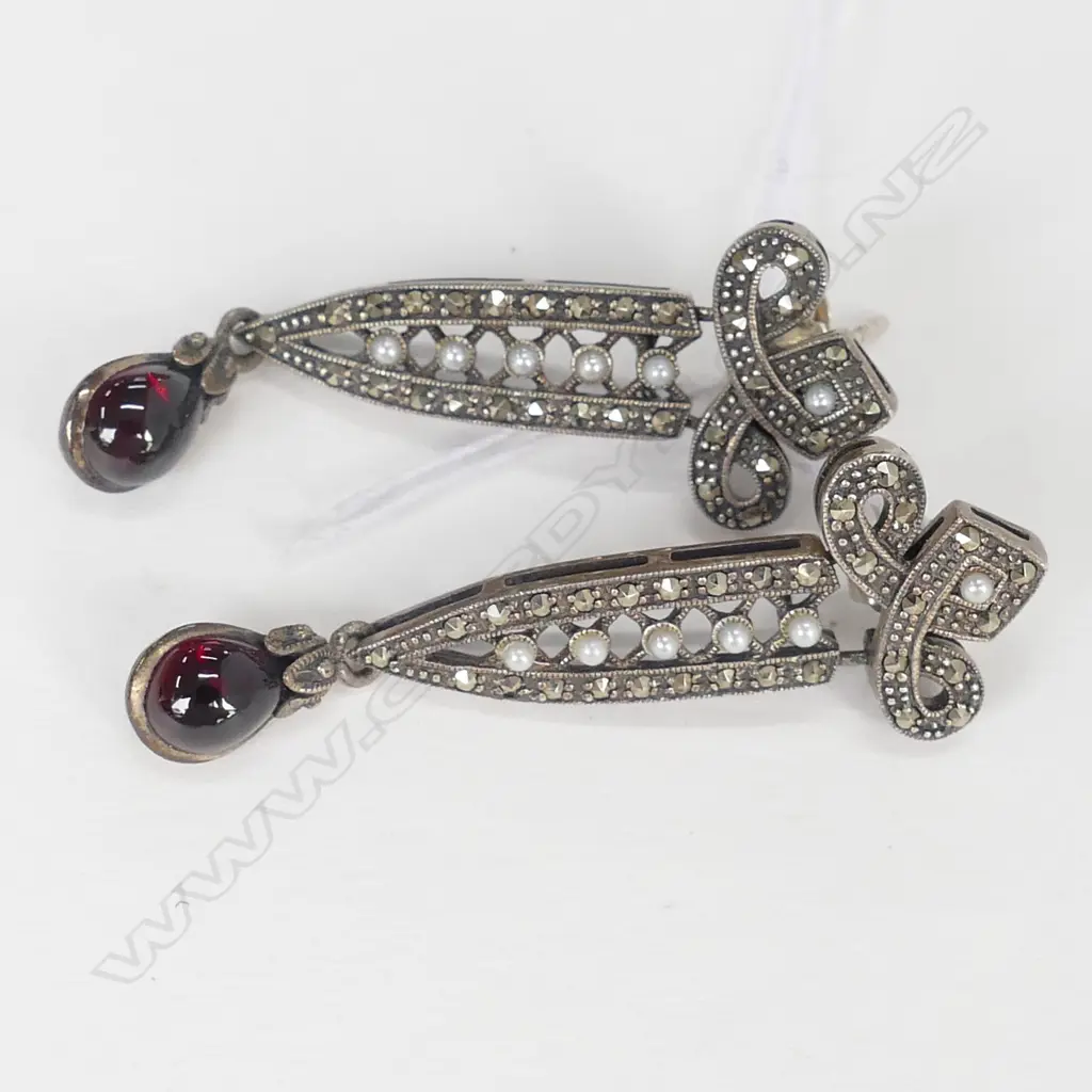 PR ART DECO SILVER EARRINGS SET w PEARLS, MARCISITES & GARNET DROPS Image 1++