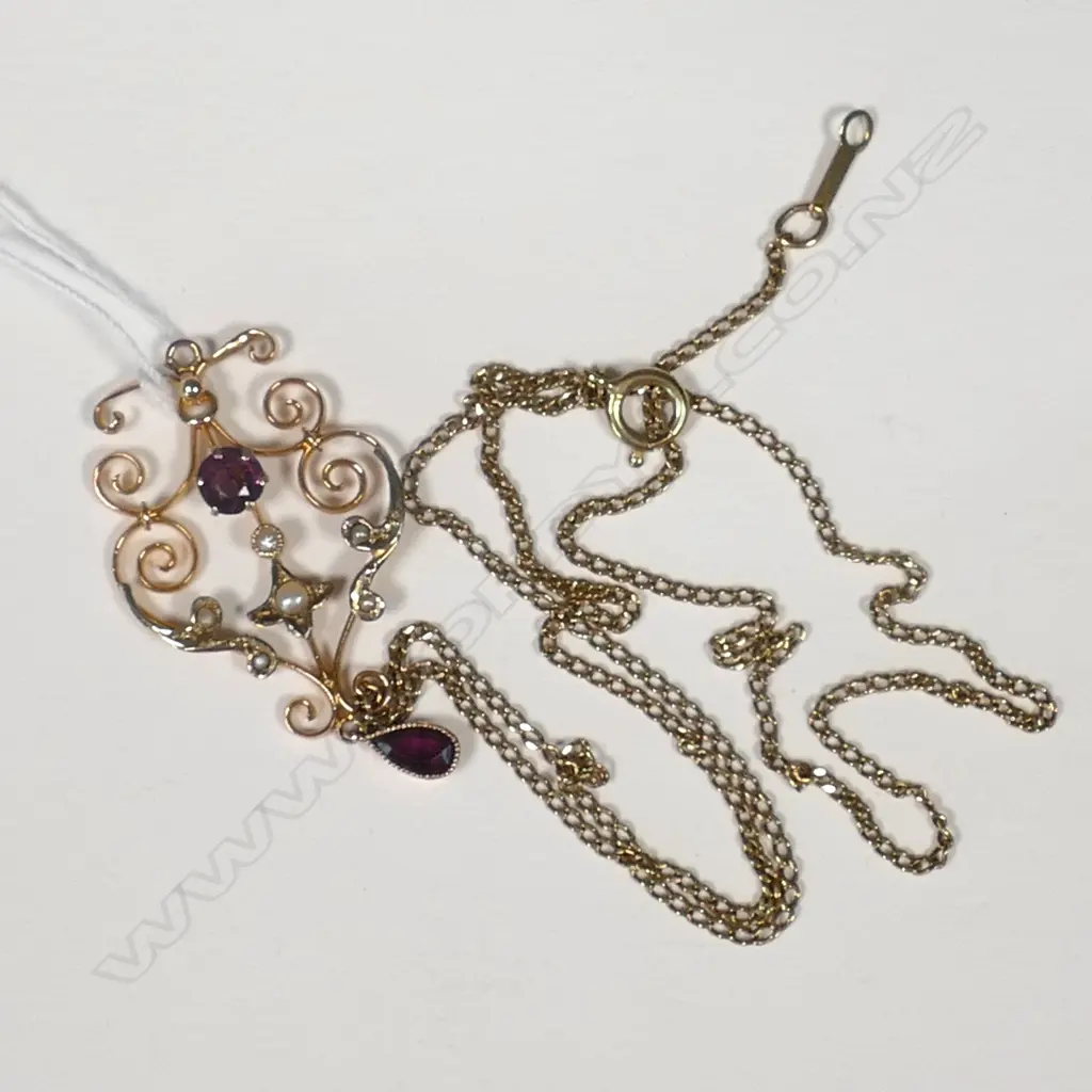EDWARDIAN ART NOUVEAU 9CT GOLD AMETHYST PEARL PENDANT & FINE 9CT GOLD CHAIN Image 1++