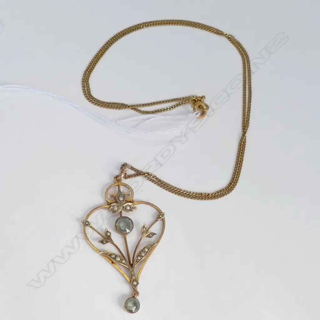 9ct GOLD EDWARDIAN PENDANT SET w AQUAMARINES & PEARLS 2.3gm ON GOLD PLATED CHAIN Image 1++
