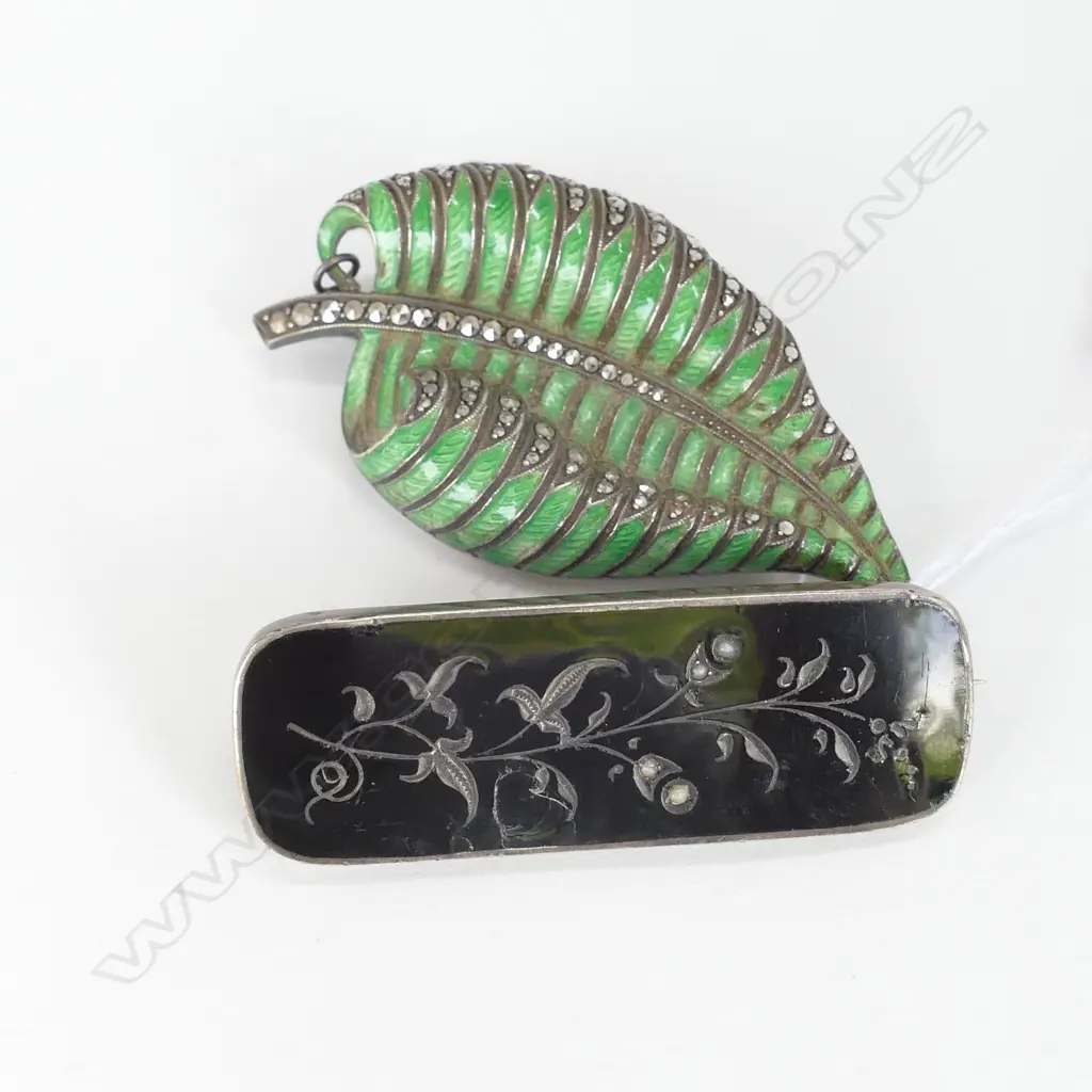 STG SIL ENAMEL & MARCISITE BROOCH + STG SIL BLACK ENAMEL & PEARL BROOCH Image 1++