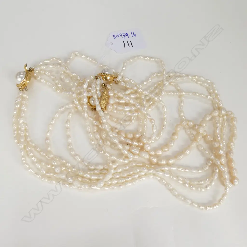 MULTI-STRAND SEED PEARL NECKLACE & TWO BRACELETS, AND SINGLE STRAND NECKLACE, GOLD PLATED CLASPS Image 1++