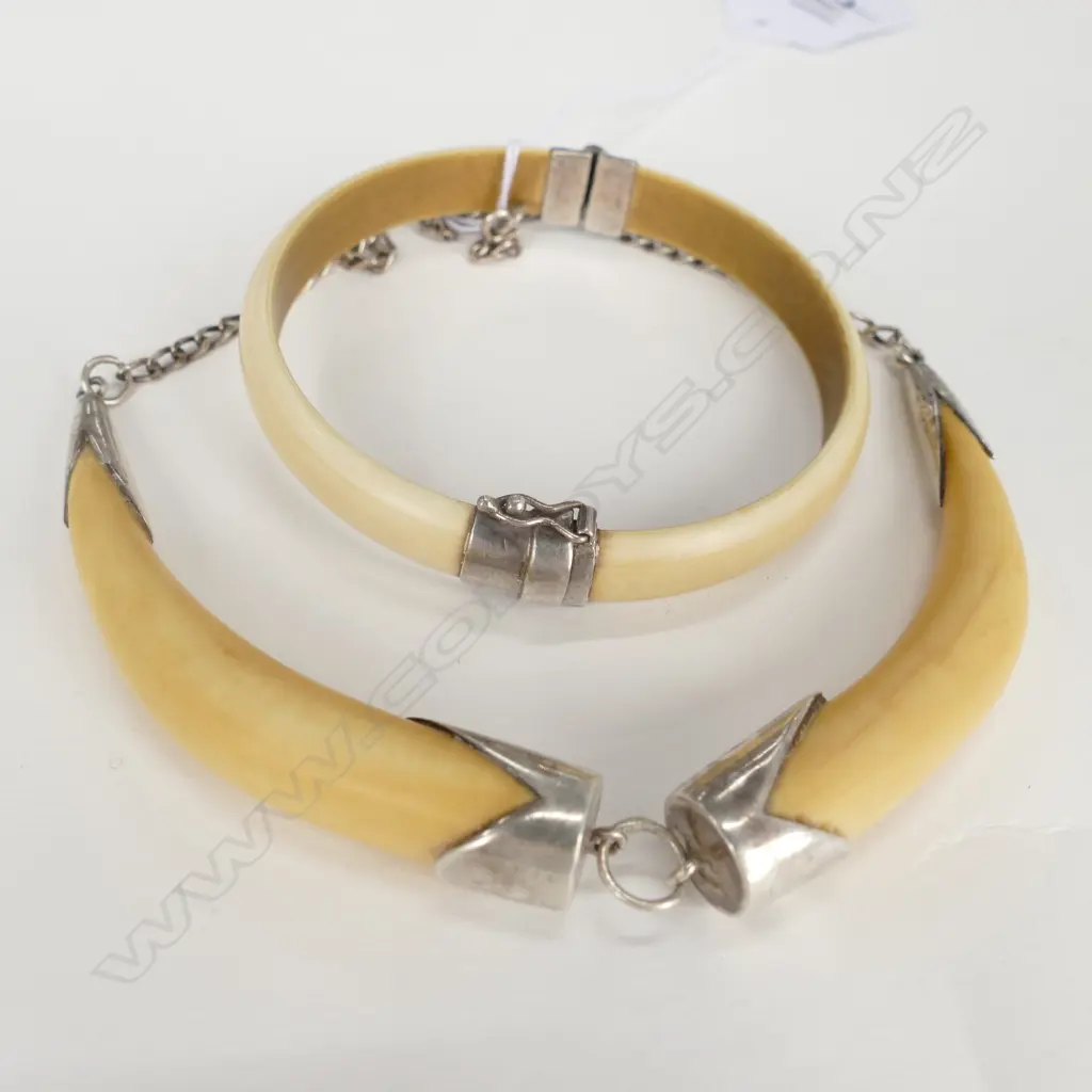 2 PIECES TRIBAL SILVER? IVORY? JEWELLERY; BRACELET AND PENDANT Image 1++