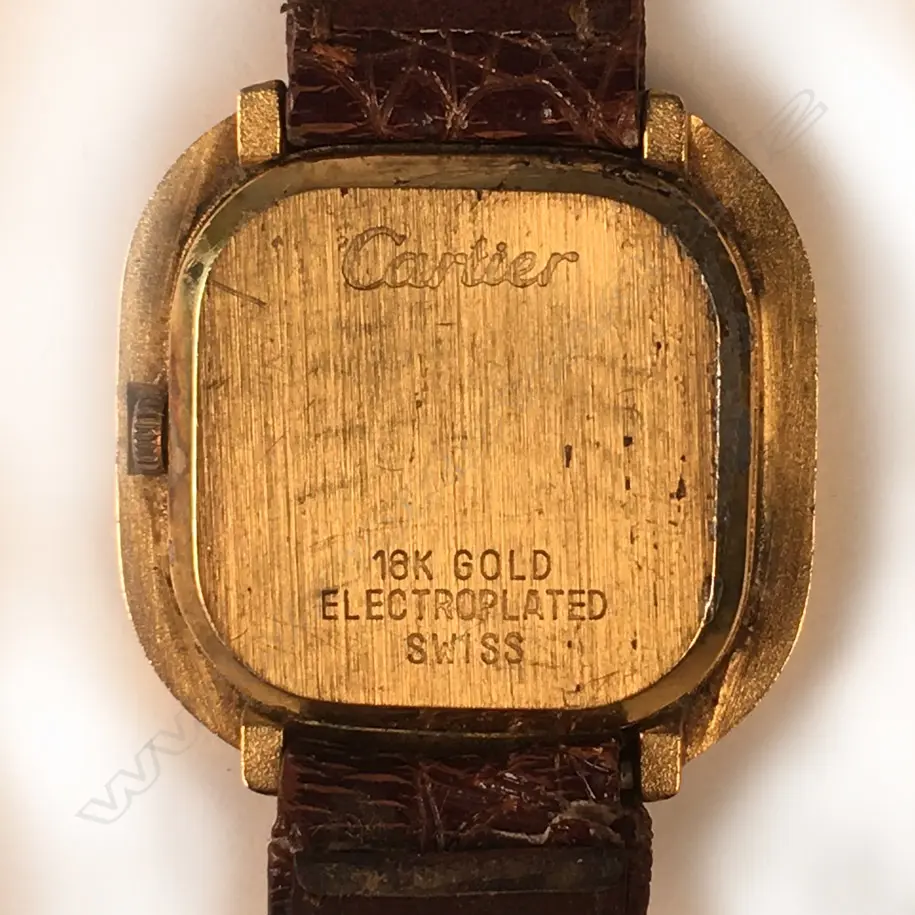 VINTAGE CARTIER? WATCH, LEATHER STRAP, STAMPED '18K GOLD ELECTROPLATED SWISS' Image 1++