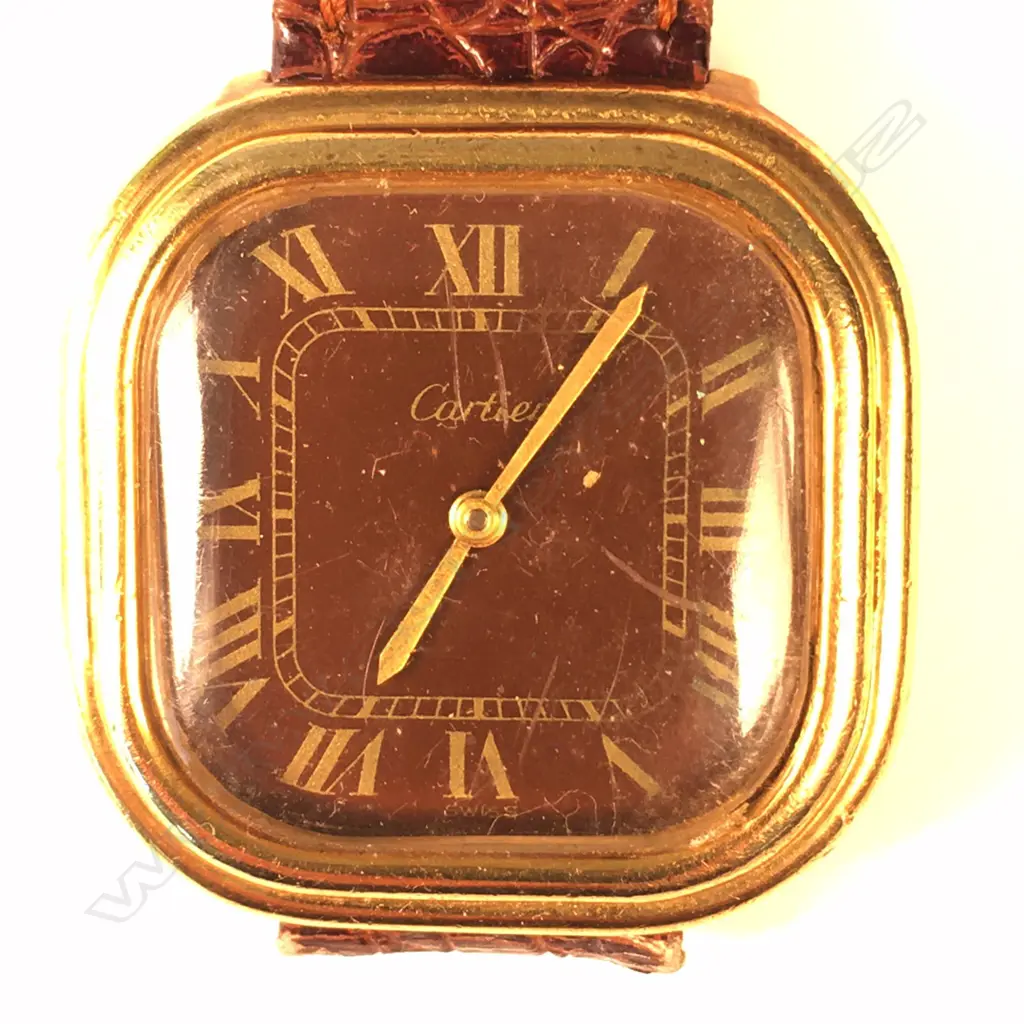 VINTAGE CARTIER? WATCH, LEATHER STRAP, STAMPED '18K GOLD ELECTROPLATED SWISS' Image 1++