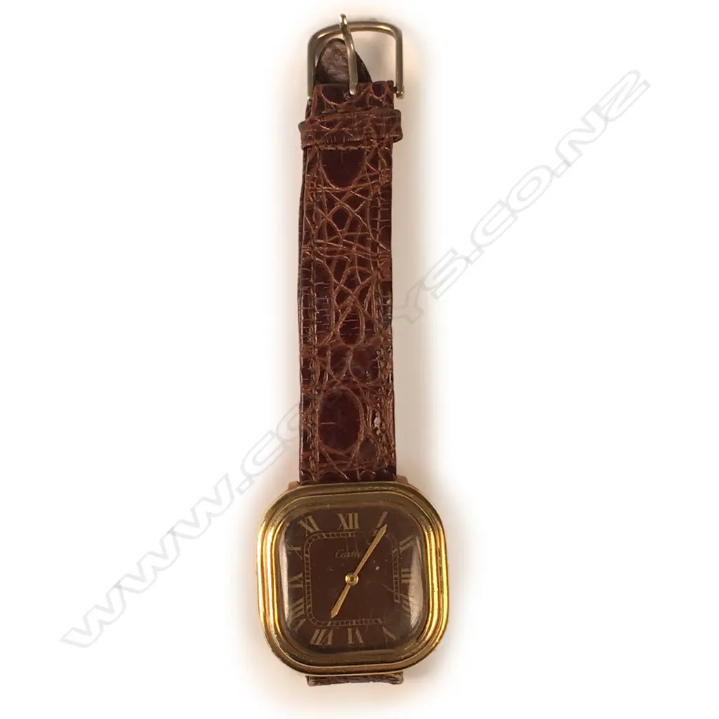 VINTAGE CARTIER? WATCH, LEATHER STRAP, STAMPED '18K GOLD ELECTROPLATED SWISS' Image 1++