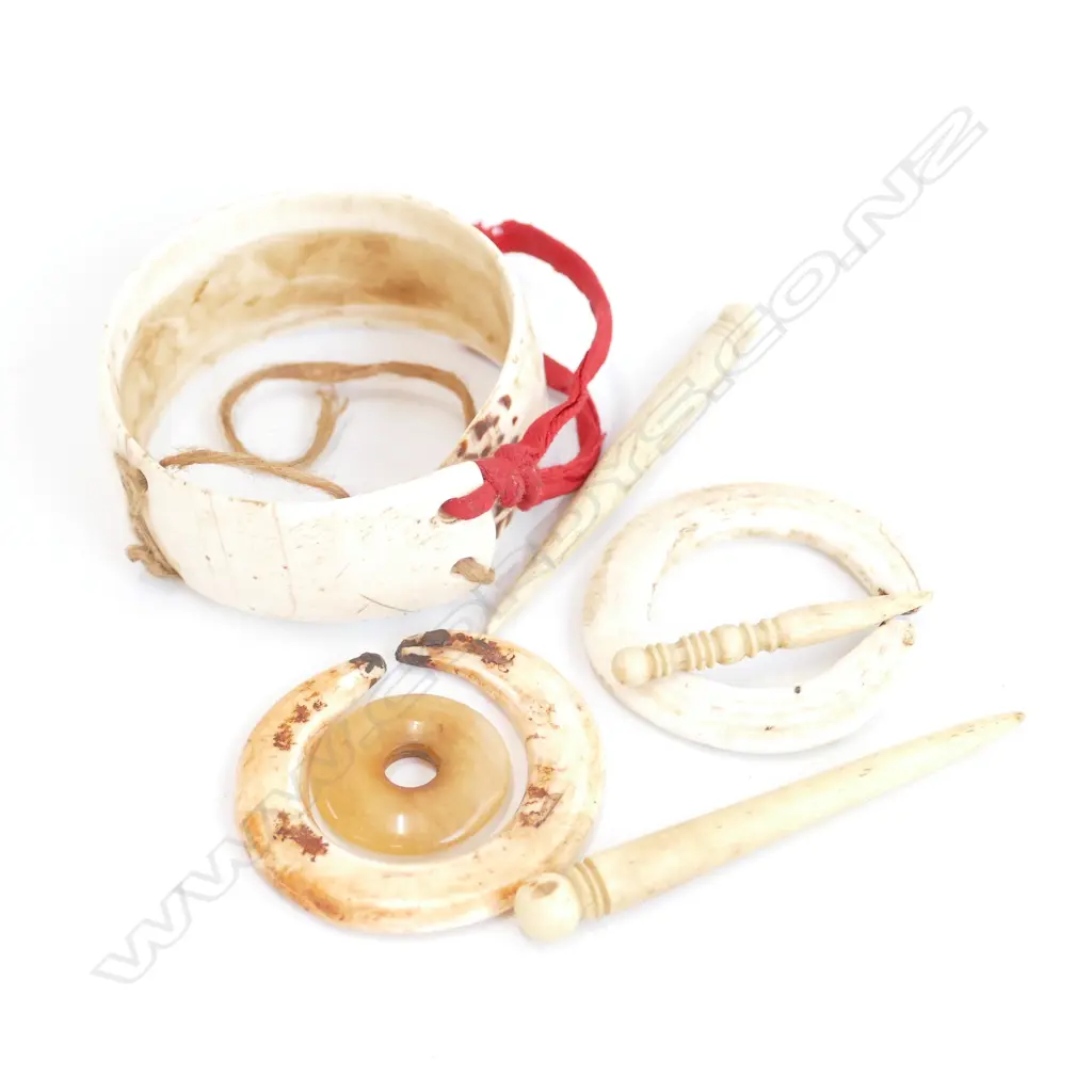 4 TRIBAL BONE PIECES AND 3 VICTORIAN SEWING BOBBINS Image 1++