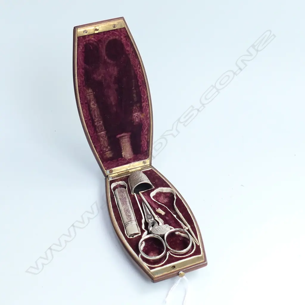 INLAID WOOD CASED SEWING NECESSAIRE (2 SILVER PCES, REPLACED SCISSORS,1 PCE ABSENT) Image 1++
