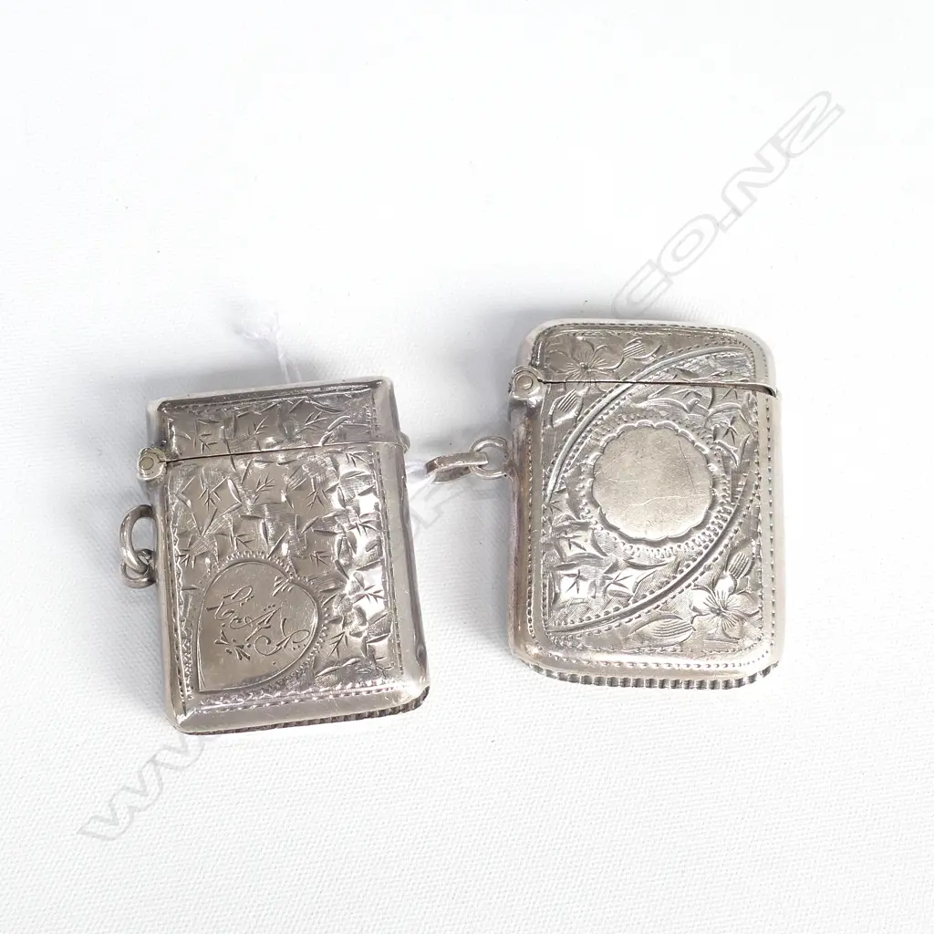 2 STG SILVER ENGRAVED VESTA CASES CHESTER 1904 AND BIRMINGHAM 1905 31.6 GRAMS Image 1++